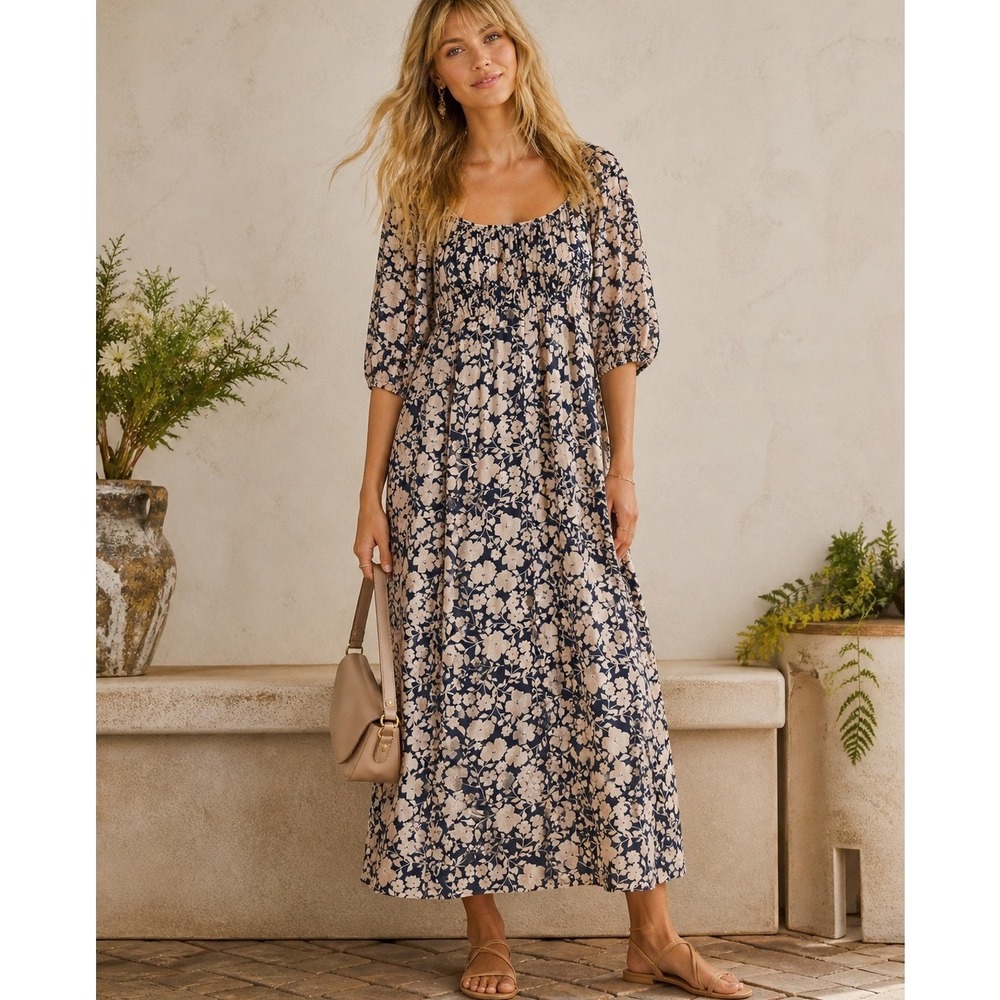 Anthropologie dRA‎ Los Angeles Floral Blue Dress Boho Midi Smocked Size Large